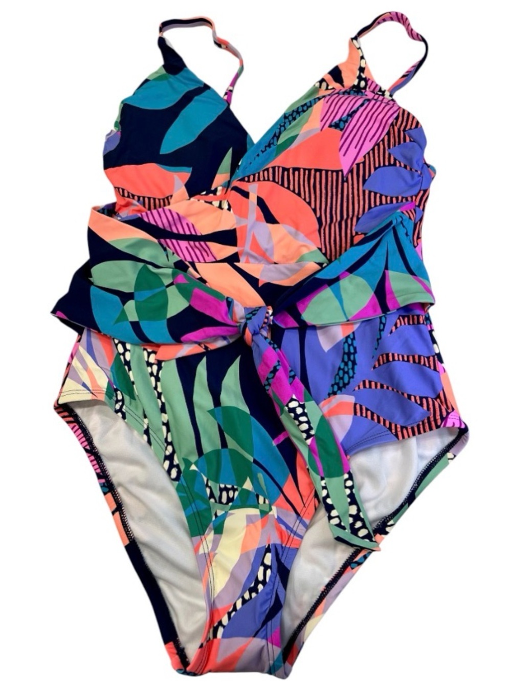 Abstract Multicolor One-Piece Swimsuit Waist Tie NWT